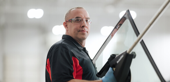 A Safelite technician wearing gloves replacing a vehicle's rear window